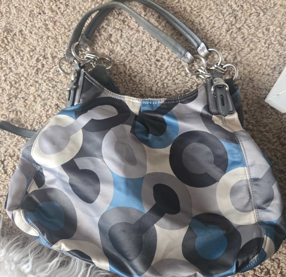 Coach Blue, Gray and Cream Circular-Print Shoulder Bag no callouts